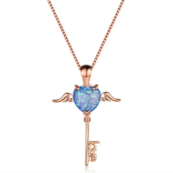 Jewelry - Rose Gold Eros Key Simulated Faux Opal Blue Heart Pendant Necklace